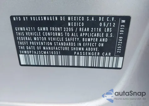 2012 Volkswagen Jetta 2.5L Se from USA, damaged, VIN 3VWDP7AJ3CM416331